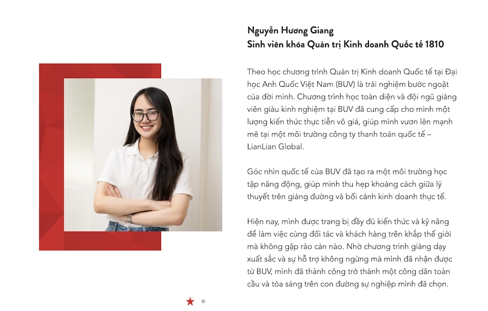 Bạn Nguyễn Hương Giang - cựu sinh viên chương trình Quản trị Kinh doanh Quốc tế tại BUV, làm việc tại công ty thanh toán quốc tế LianLian Global sau khi ra trường.